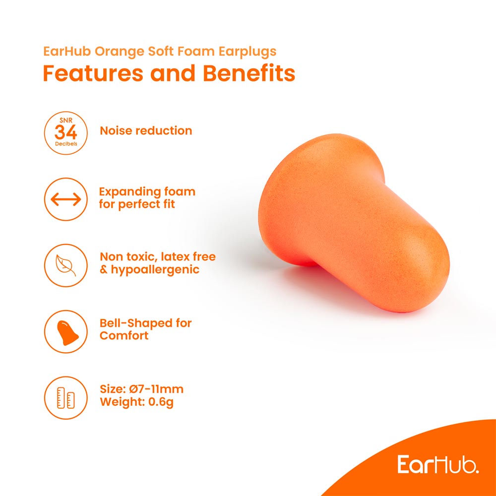 EarHub Premium Orange soft foam earplugs