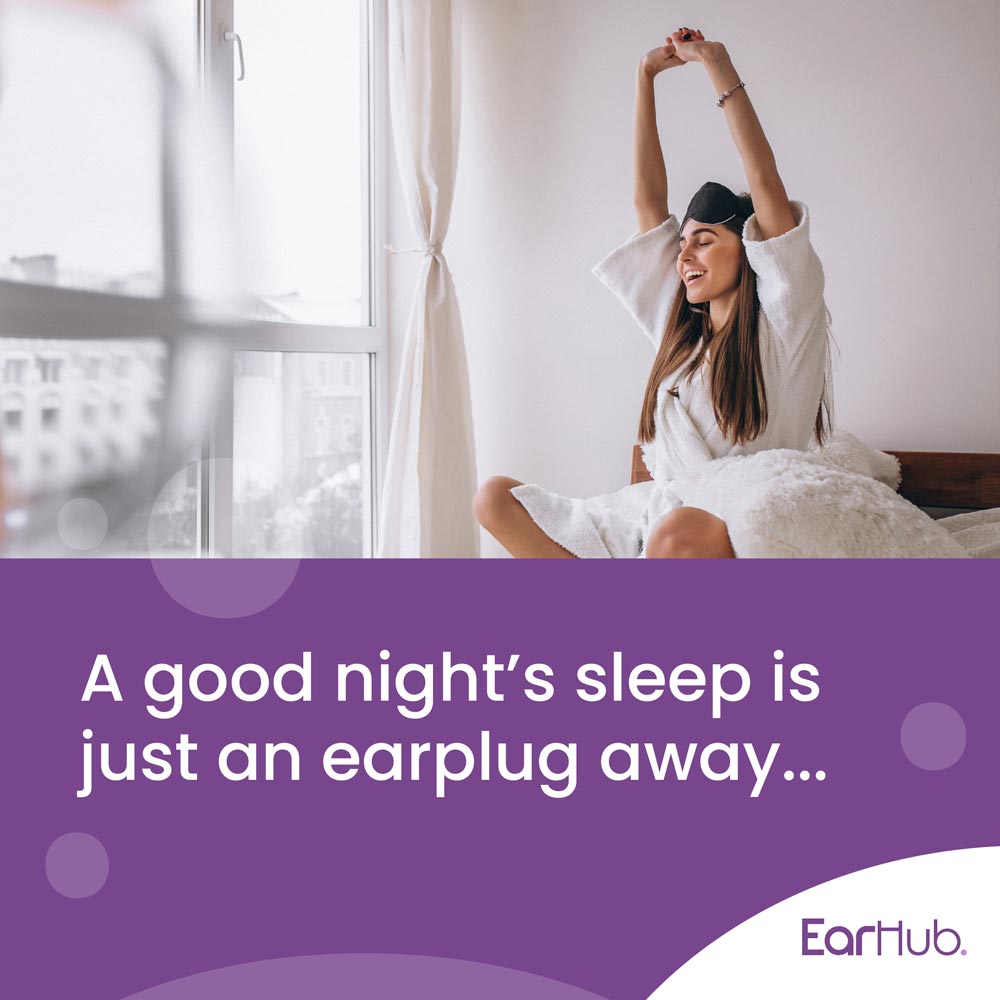 Sleep better with EarHubs purple foam earplugs