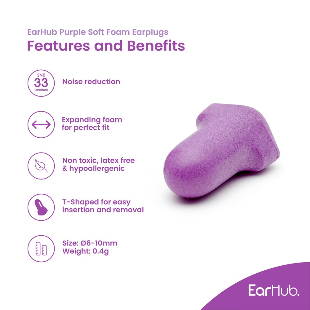 EarHub Premium purple soft foam earplugs