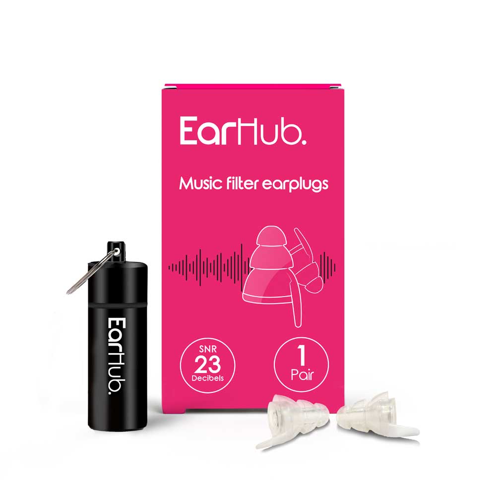 metal case include with EarHub Music Filter Earplugs